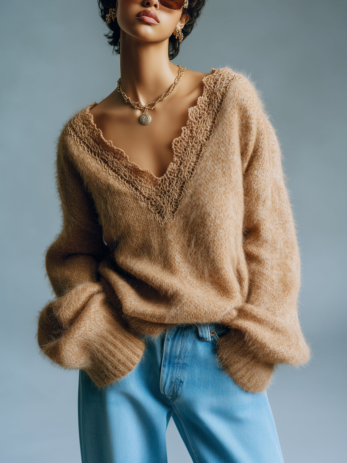 ElevenOra Chic Elegant Brown Deep V-Neck Lace Trim Detail Long Sleeve Oversize Fuzzy Knit Sweater Top