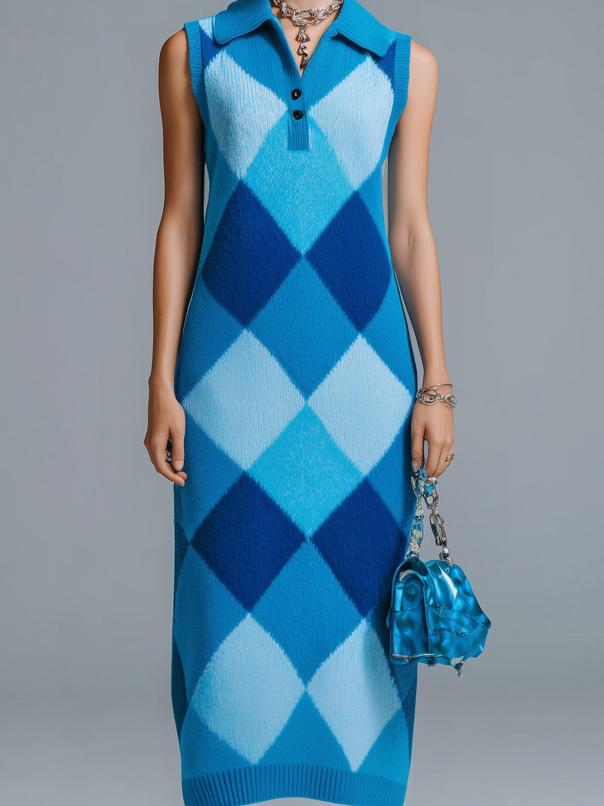 ElevenOra Chic Elegant Blue Colorblock Argyle Pattern Lapel V-Neck Sleeveless Loose-Fit Ribbed Knit Maxi Dress