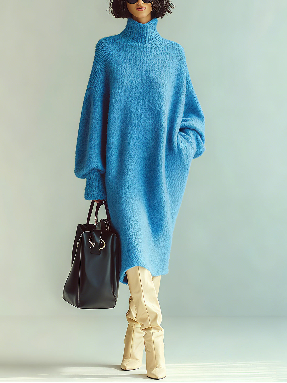 ElevenOra Chic Casual Blue Turtle Neck Oversized Long Sleeve Knit Midi Dress