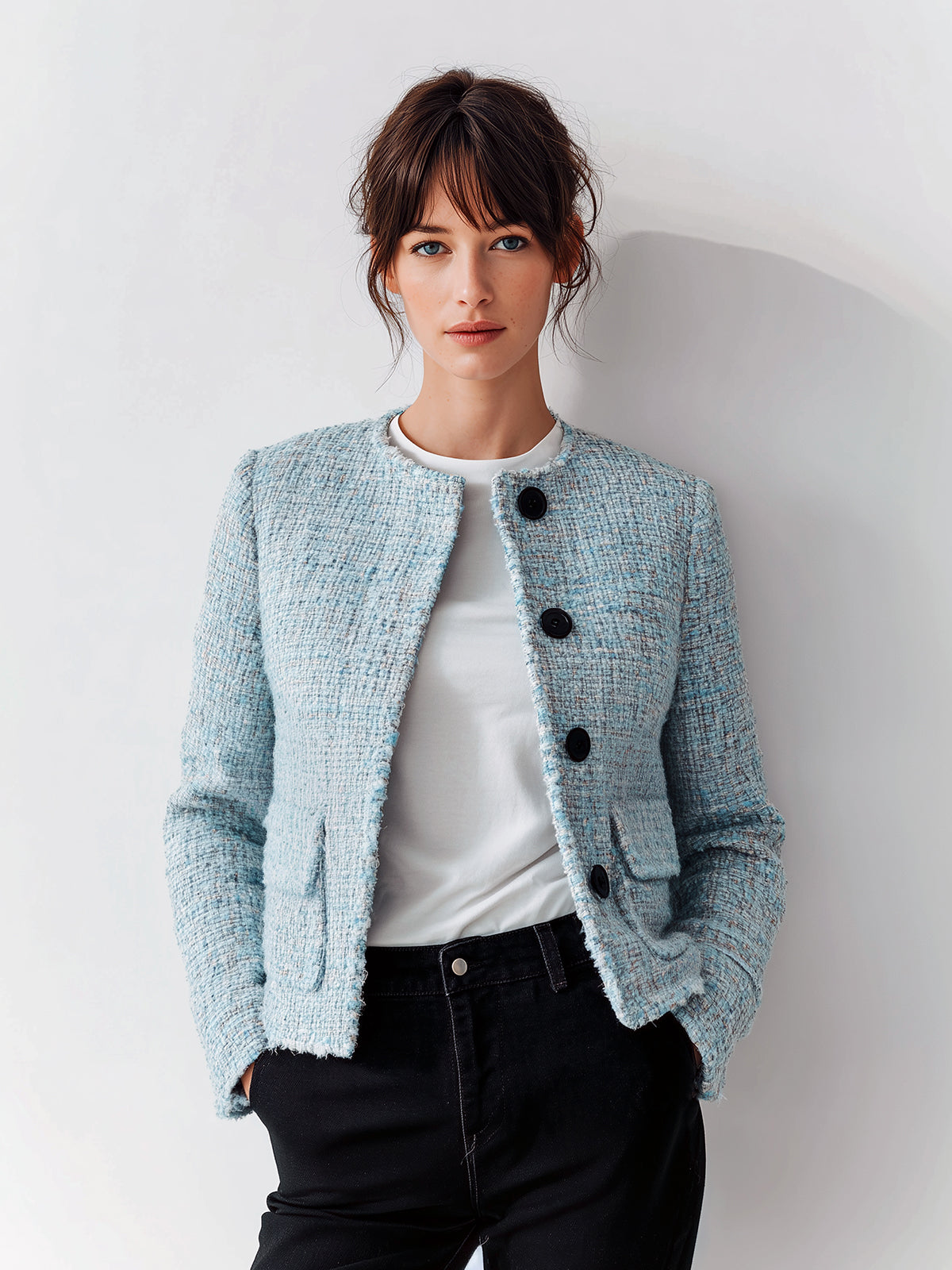 ElevenOra Chic Vintage Blue Tweed Round Neck Single-Breasted Flap Pocket Fitted Short Jacket