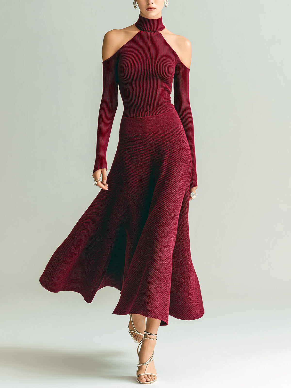 ElevenOra Vintage Elegant Burgundy Halter Long-Sleeve Slim-Fit Sweater A-Line Maxi Skirt Knit Two-Piece Set