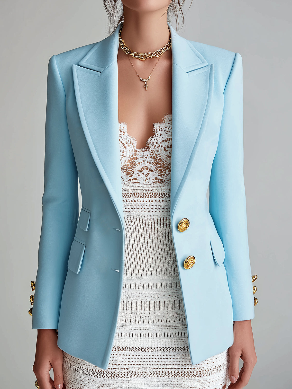 ElevenOra Chic Vintage Baby Blue Peaked Lapel Metal Button Single-Breasted Tailored Blazer