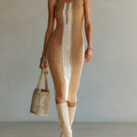 ElevenOra Chic Holiday Camel-Beige Vertical Stripe Camisole Slim-Fit Openwork Knit Midi Dress