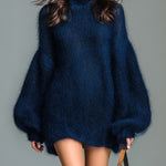 ElevenOra Chic Elegant Navy Mock Neck Oversized Long Lantern Sleeve Mohair Knit Mini Dress