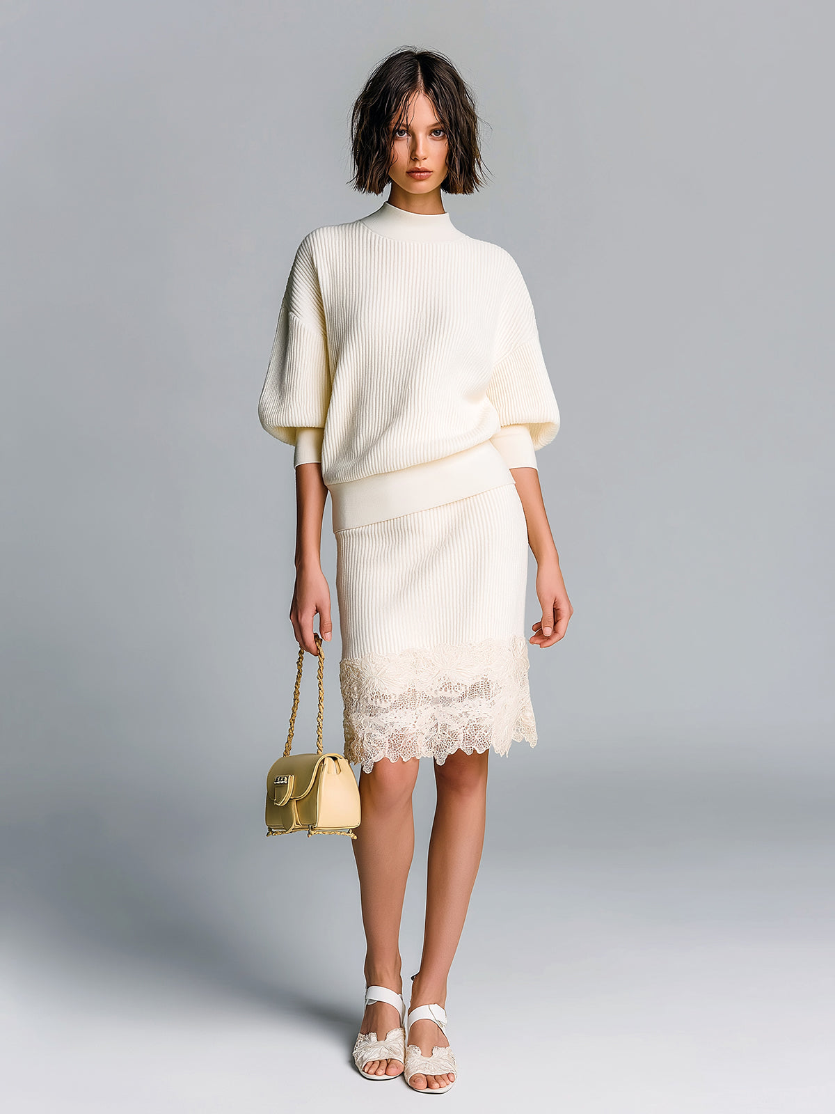 ElevenOra Chic Elegant Cream White Mock Neck Short-Sleeve Slim-Fit Sweater Bodycon Lace Details Midi Skirt Ribbed Knit Two-Piece Set