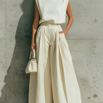 ElevenOra Stylish Elegant White Turtleneck Sleeveless Loose-Fit Knit Vest Top Beige High-Waist Wide-Leg Pants Teo-Piece Set