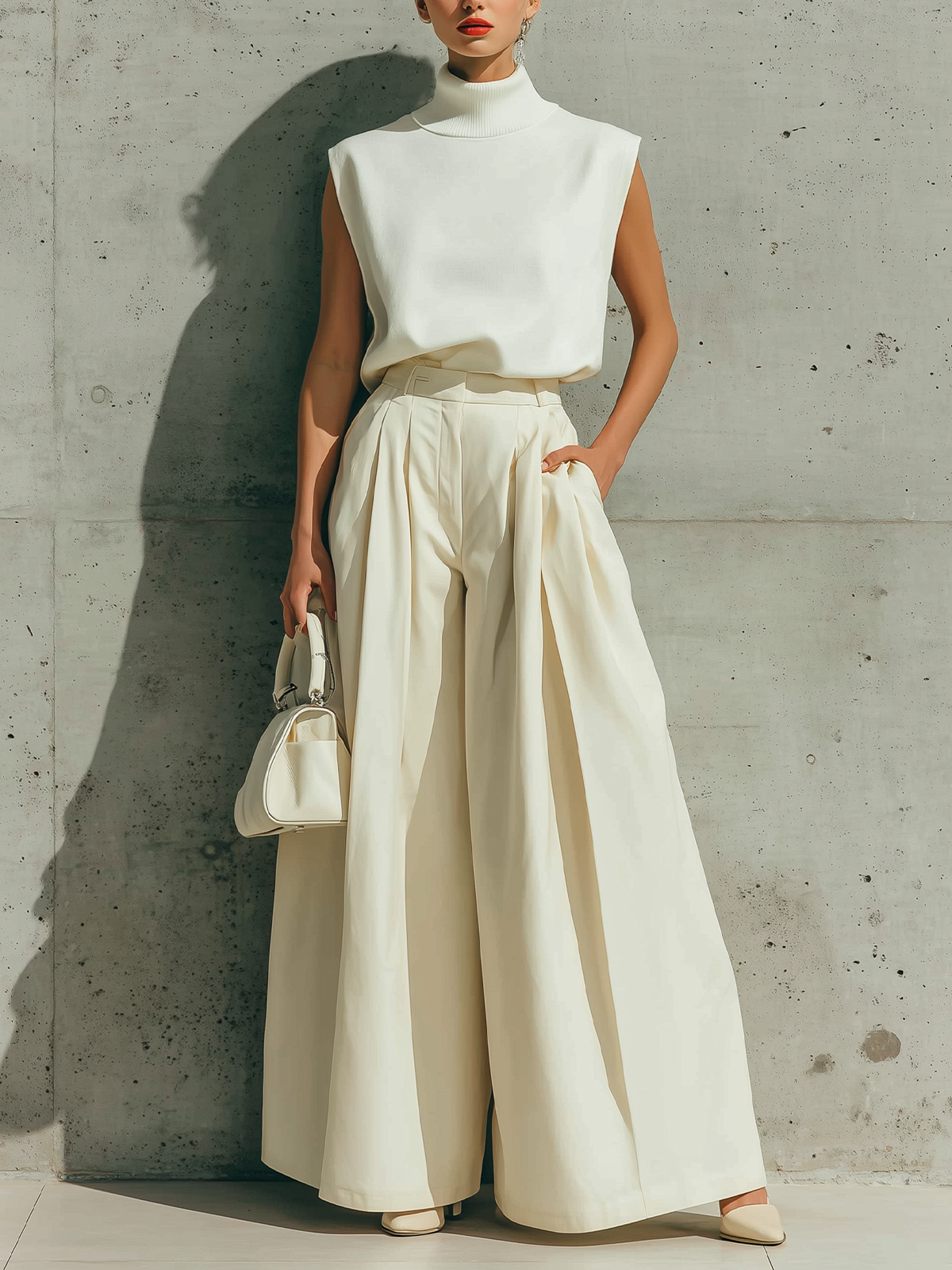 ElevenOra Stylish Elegant White Turtleneck Sleeveless Loose-Fit Knit Vest Top Beige High-Waist Wide-Leg Pants Teo-Piece Set