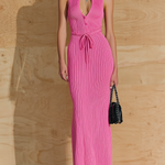 ElevenOra Stylish Elegant Pink Lapel Collar Button-Front Sleeveless Slim-Fit Belted Waist Ribbed Knit Maxi Dress