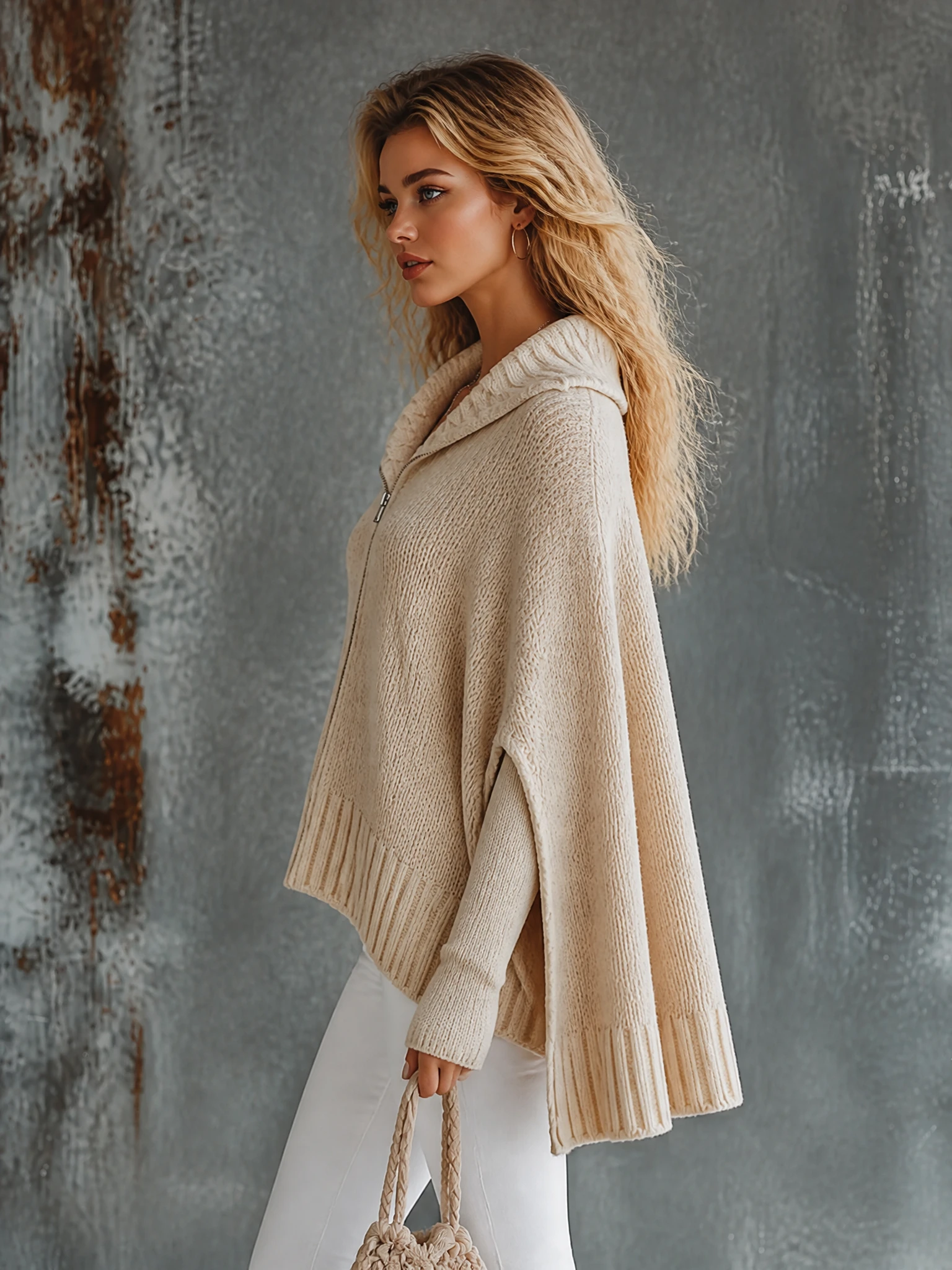 ElevenOra Chic Elegant Oatmeal Beige Lapel Collar Front Zipper Long-Sleeve Loose-Fit Knit Cape Cardigan Top