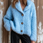 ElevenOra Chic Elegant Blue Shawl-Collar Dropped-Shoulder Long-Sleeve Single-Breasted Wool Blend Warm Knit Overiszed Cardigan