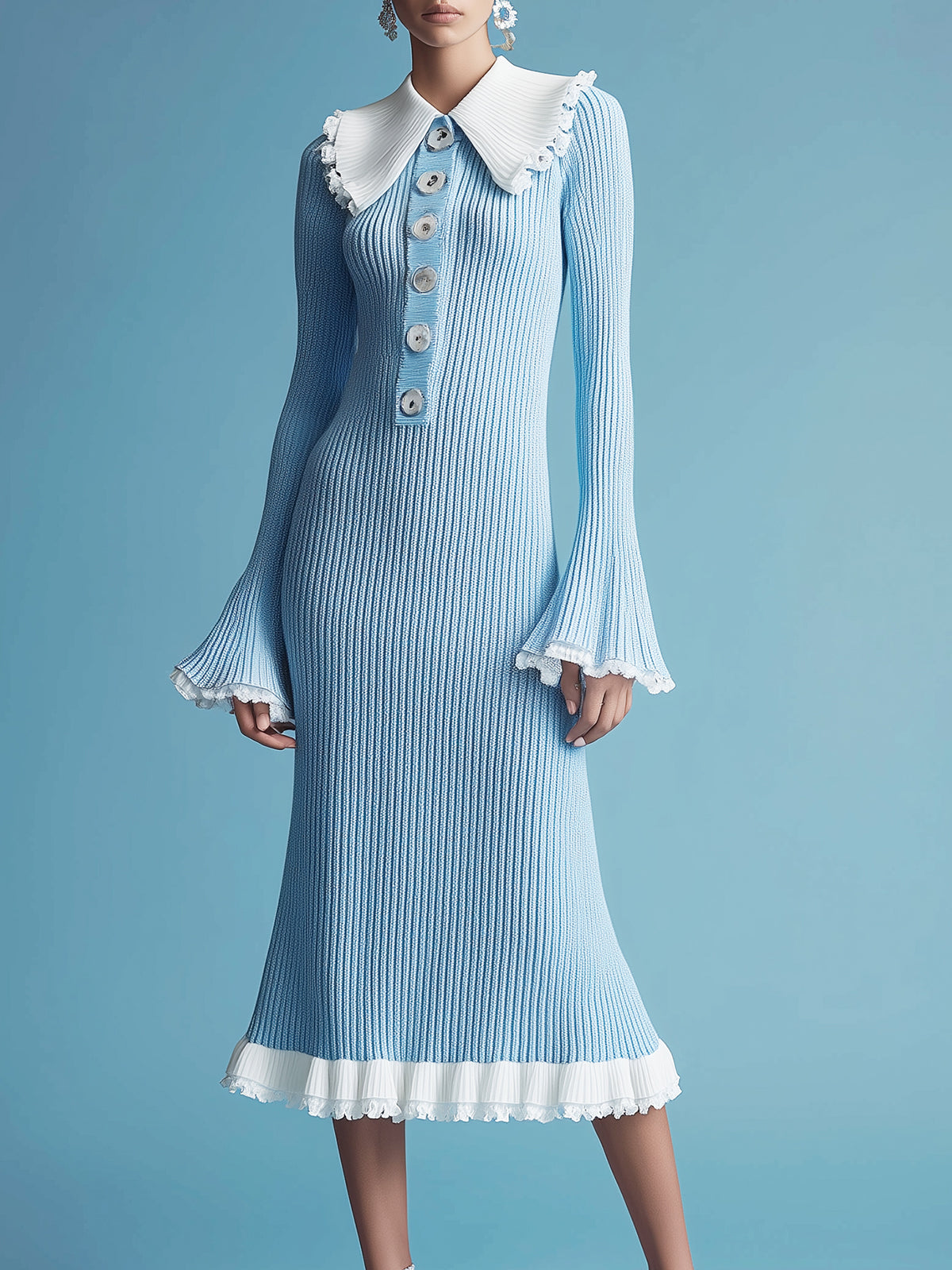 ElevenOra Vintage Colorblock Ruffled Collar Button Detail Bell Long Sleeve Lace Trim Hem Ribbed Knit Midi Dress