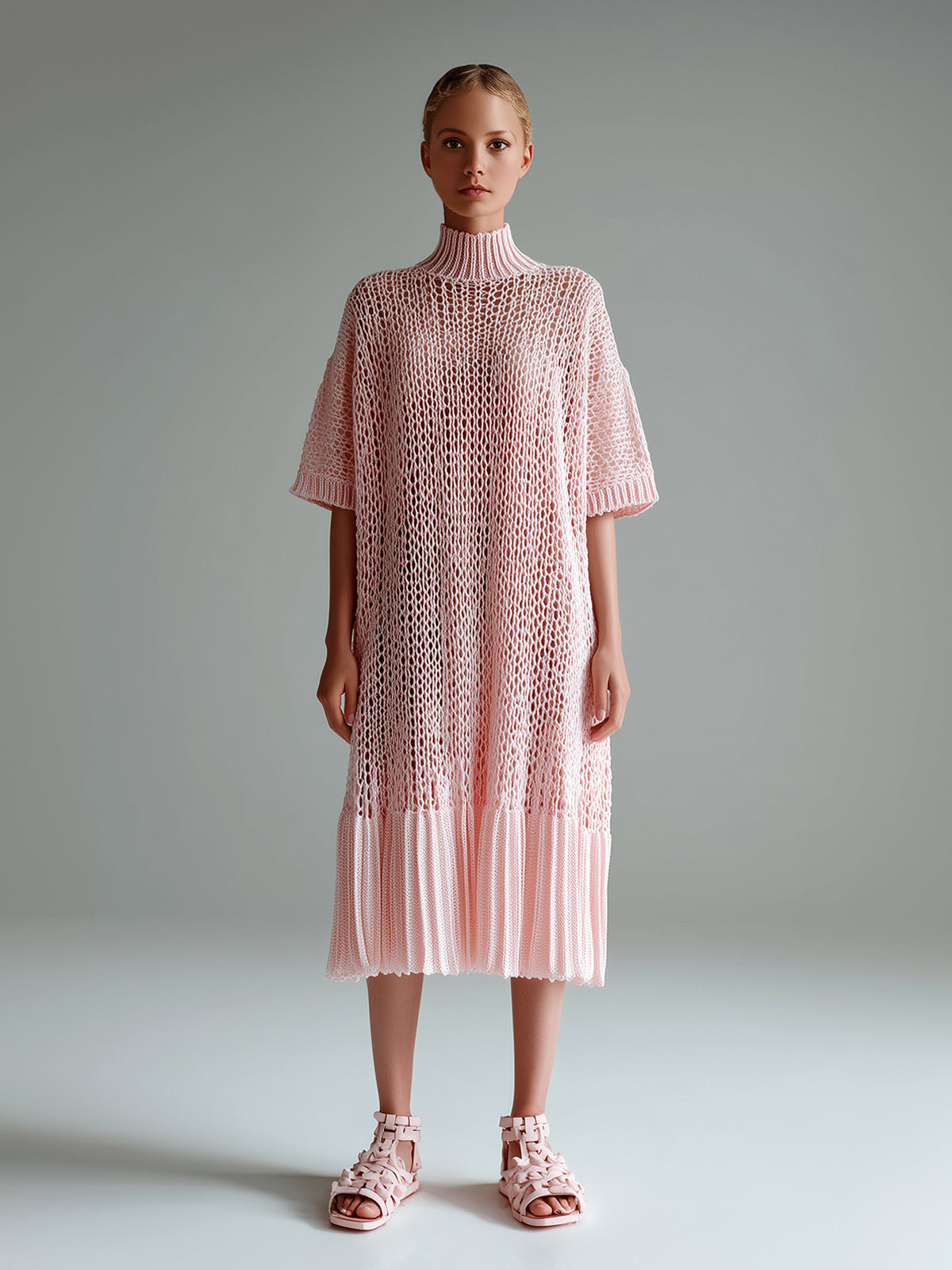 ElevenOra Chic Elegant Pink Mock Neck Short-Sleeve Pleated Hem Loose-Fit Hollow-Out Knit Midi Dress