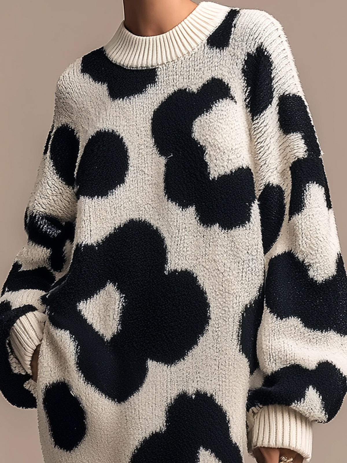 ElevenOra Chic Elegant Contrast Floral Jacquard Round Neck Long Sleeve Oversized Knit Midi Dress