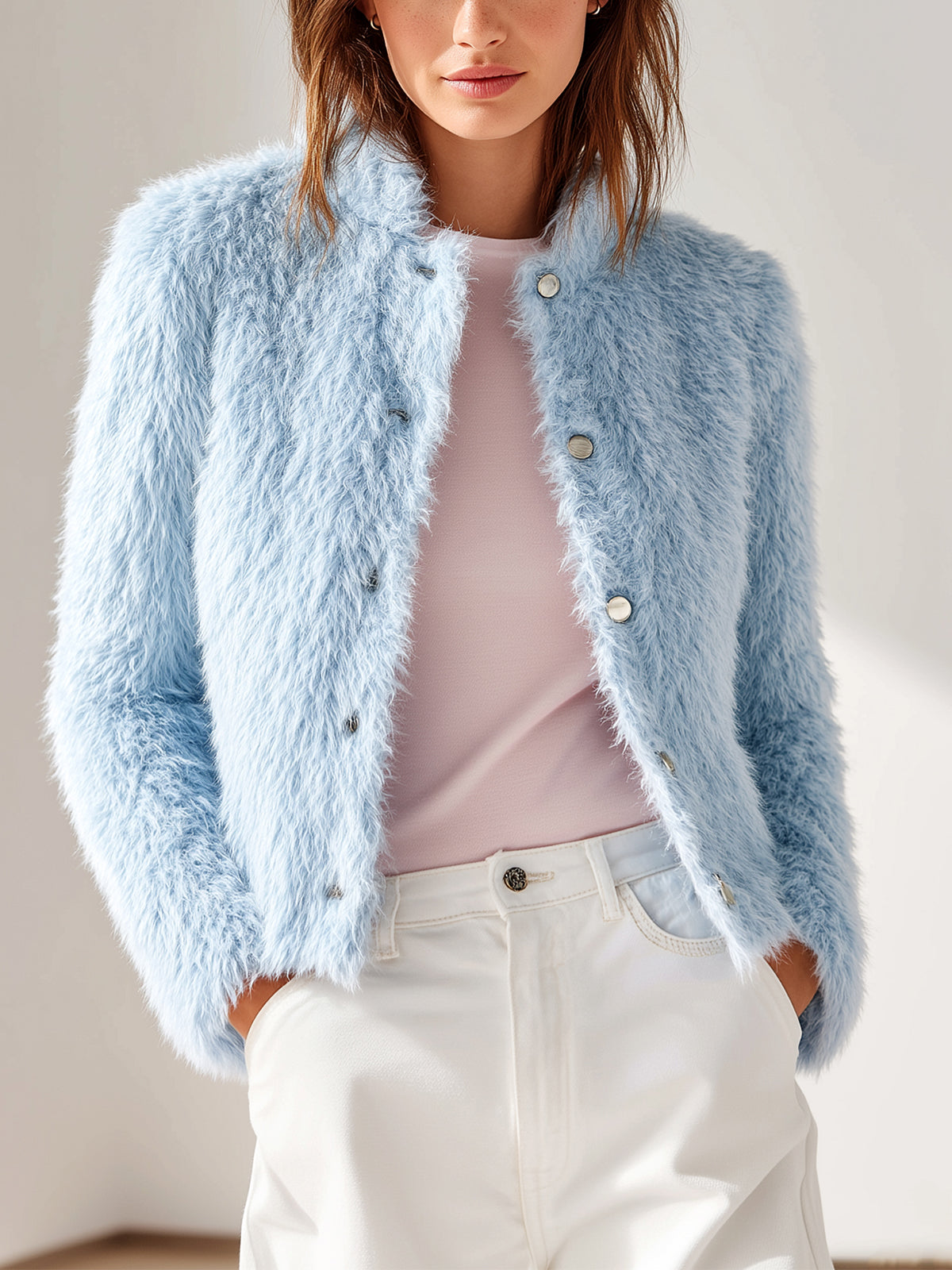 ElevenOra Chic Vintage Light Blue Faux Fur Stand Collar Single-breasted Slim Fit Jacket