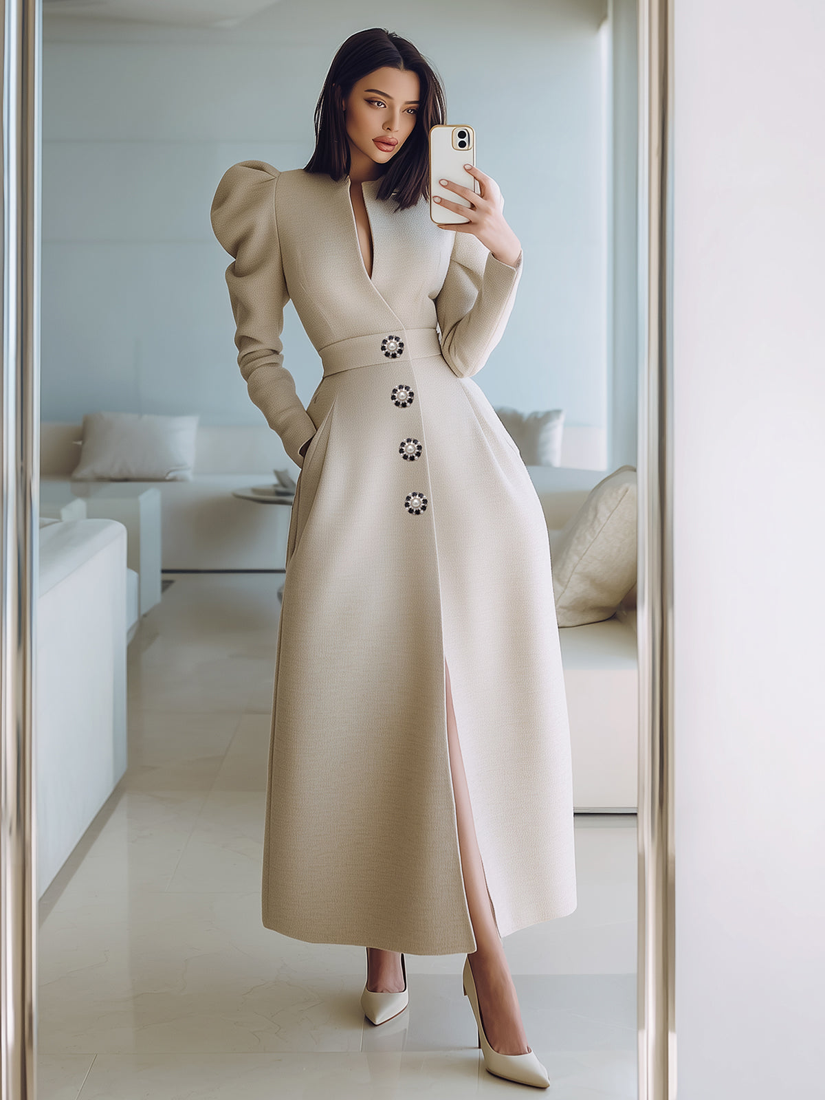 ElevenOra Vintage Beige Wool Blend Single-Breasted Puff Sleeve Tailored Maxi Dress Coat