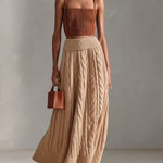 ElevenOra Chic Elegant Caramel Square-Neck Slim-Fit Ribbed Tank Top Camel A-Line Cable Knit Maxi Skirt Two-Piece Set