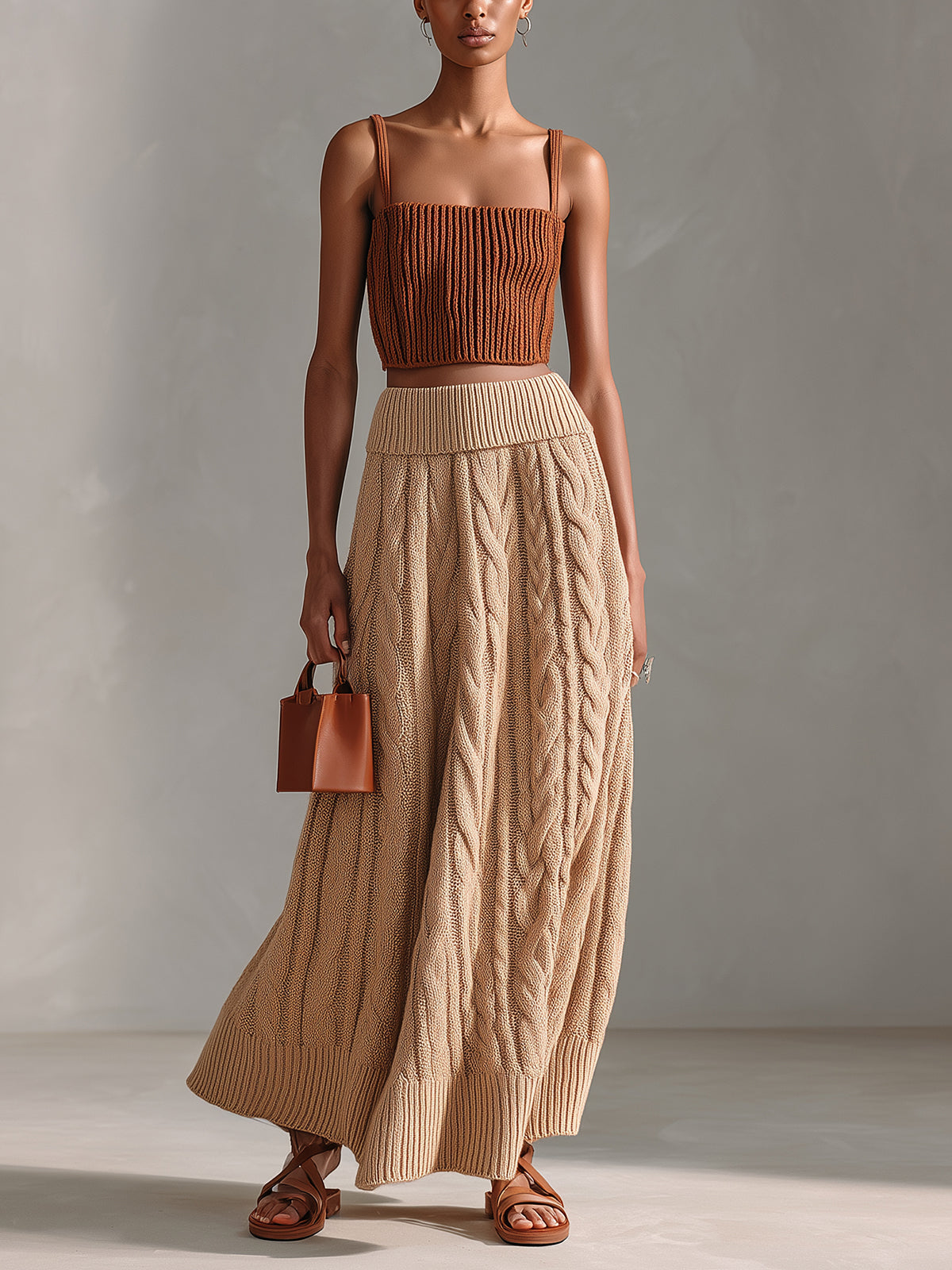 ElevenOra Chic Elegant Caramel Square-Neck Slim-Fit Ribbed Tank Top Camel A-Line Cable Knit Maxi Skirt Two-Piece Set