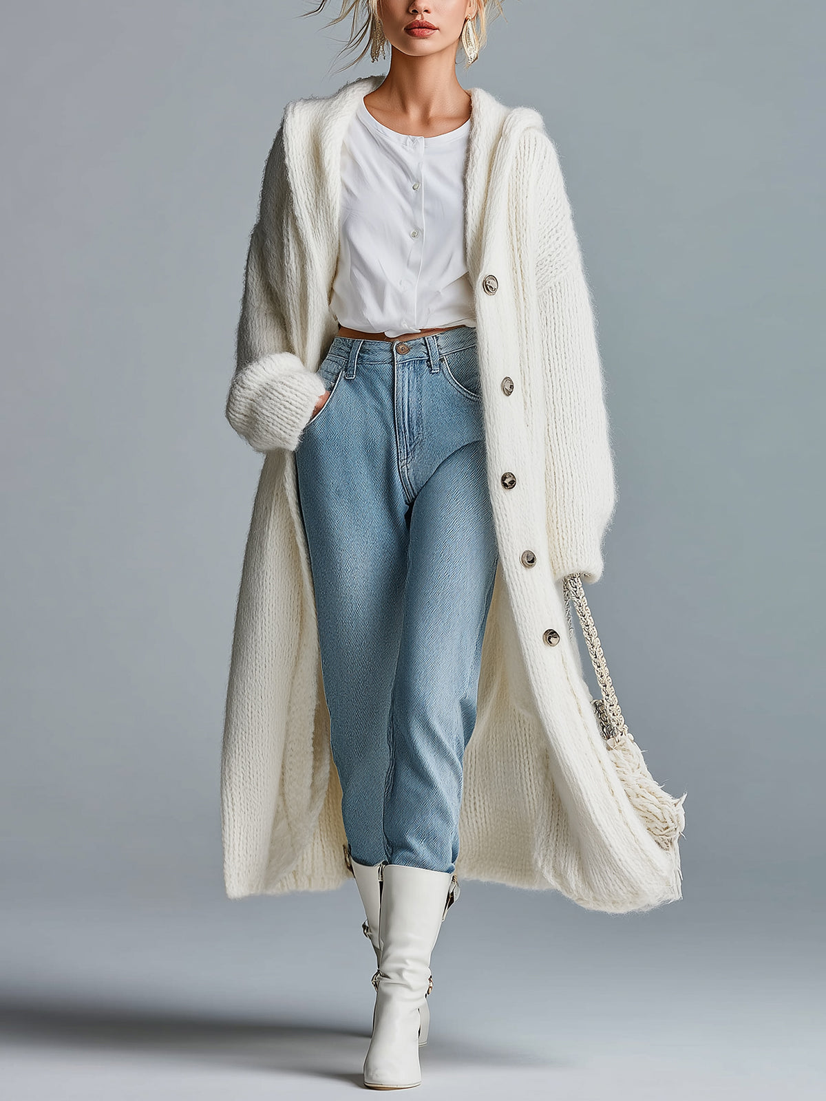 ElevenOra Chic Vintage White Hooded Single-Breasted Oversized Fuzzy Knit Maxi Cardigan