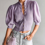 ElevenOra Chic Elegant Lavender Stand Collar Single-Breasted Short Puff Sleeve Knit Cropped Cardigan