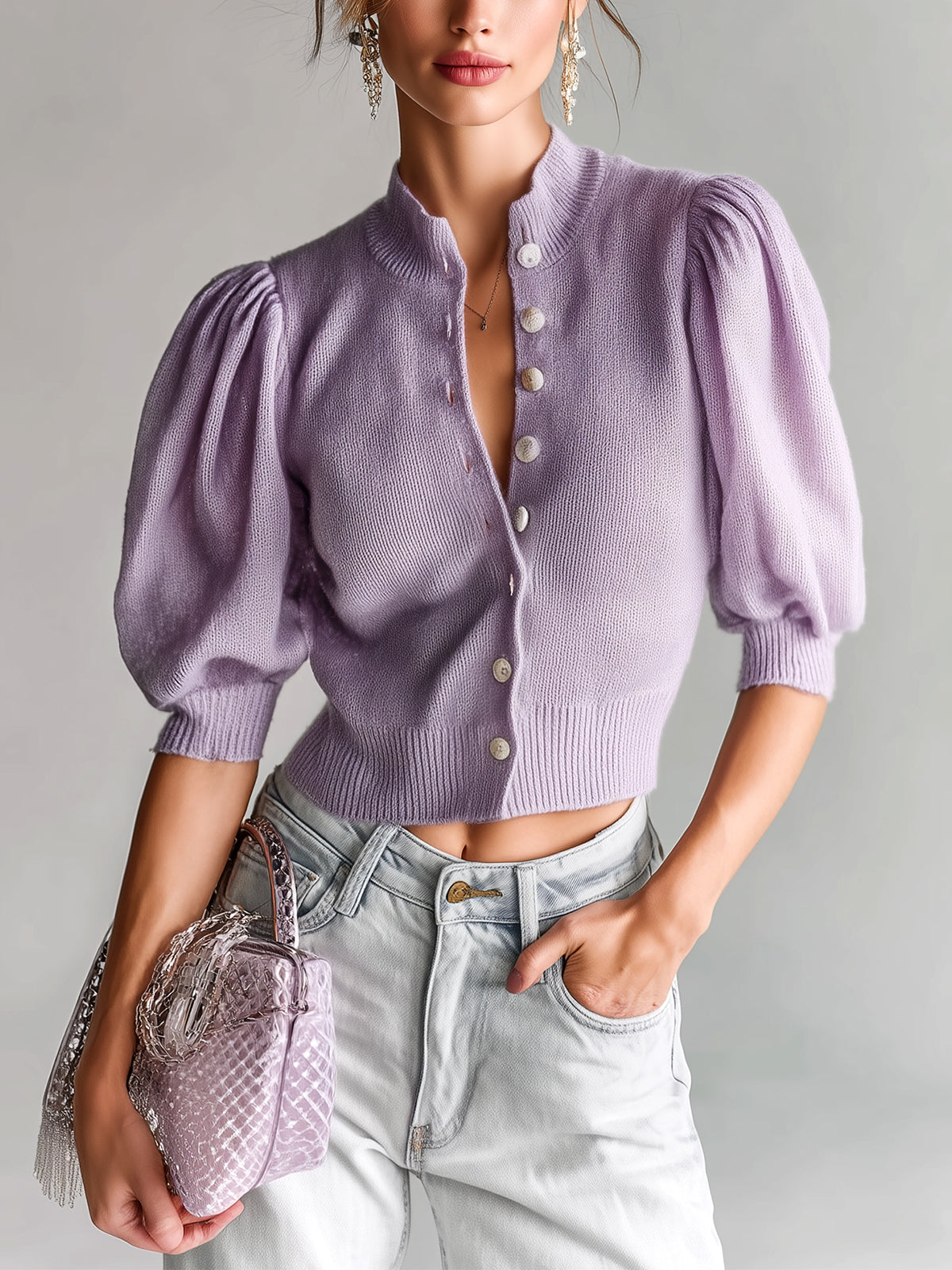 ElevenOra Chic Elegant Lavender Stand Collar Single-Breasted Short Puff Sleeve Knit Cropped Cardigan