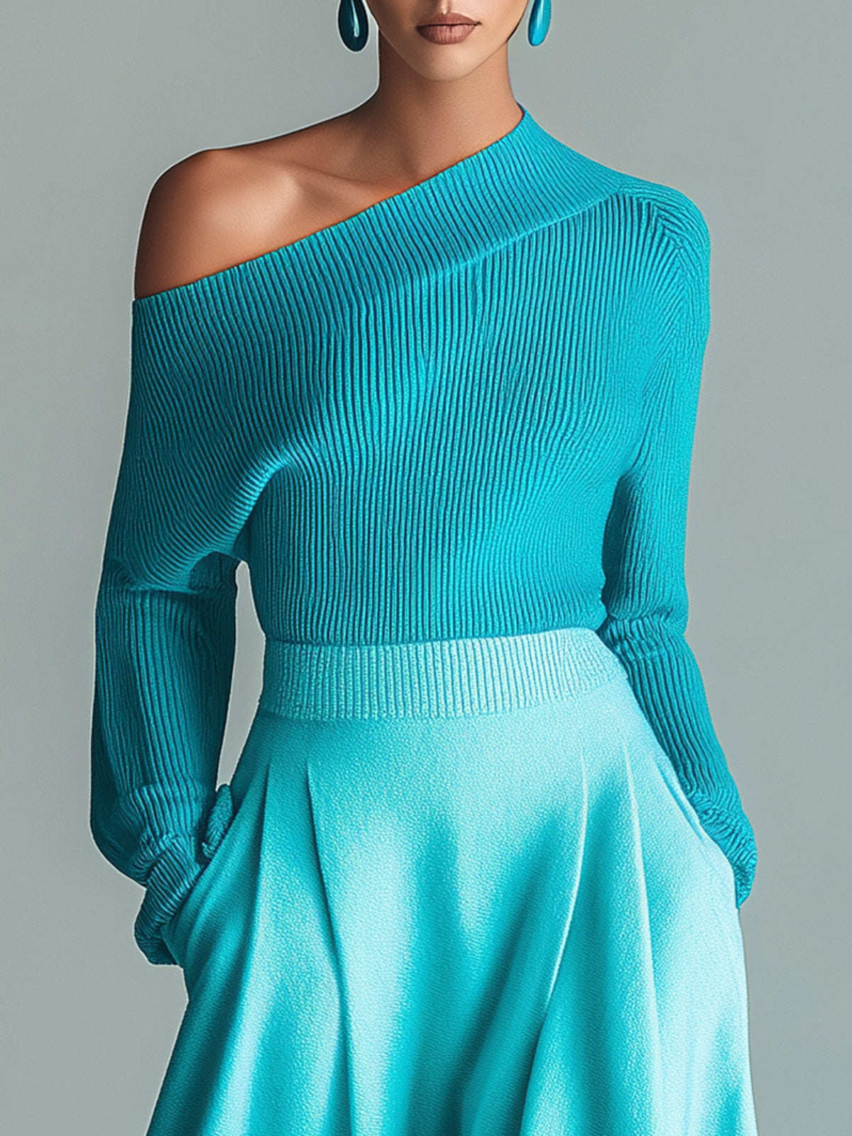 ElevenOra Chic Elegant One-Shoulder Long-Sleeve Sweater Elastic Waist A-Line Maxi Skirt Contrast Knit Two-Piece Set