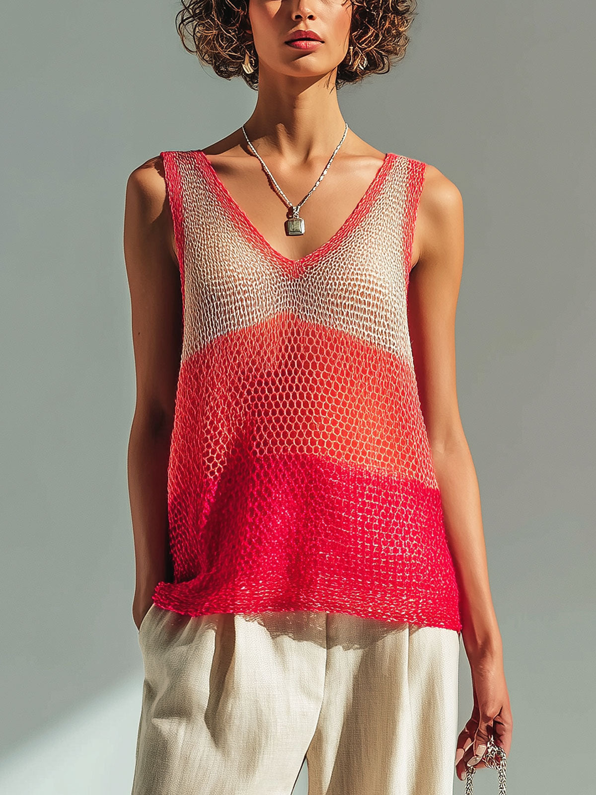 ElevenOra Chic Casual Red-Beige Colorblock V-Neck Sleeveless Loose-Fit Hollow-Out Knit Vest Top