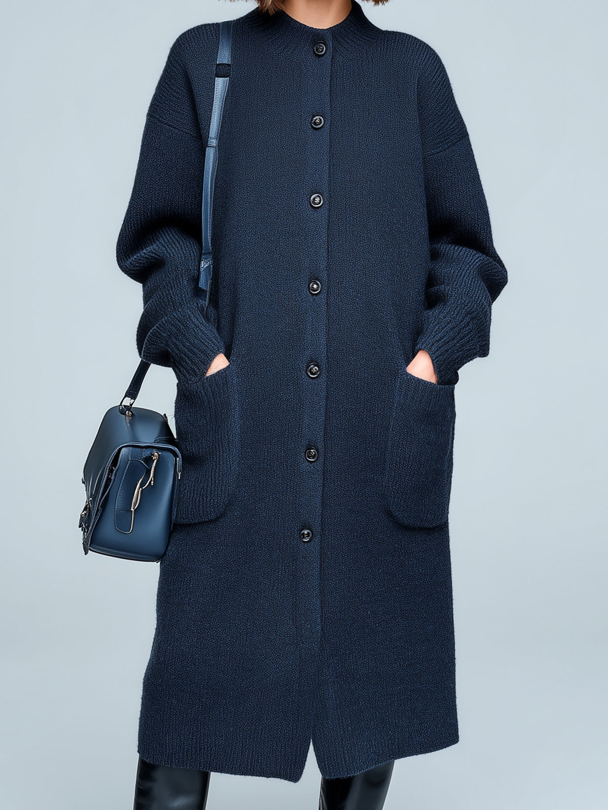 ElevenOra Chic Casual Round Neck Single-Breasted Long Sleeve Patch Pocket Oversized Knit Midi Dress