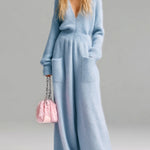 ElevenOra Chic Elegant Baby Blue Deep V-Neck Long Sleeve Patch Pocket Oversized Fuzzy Knit Wide-Leg Jumpsuit