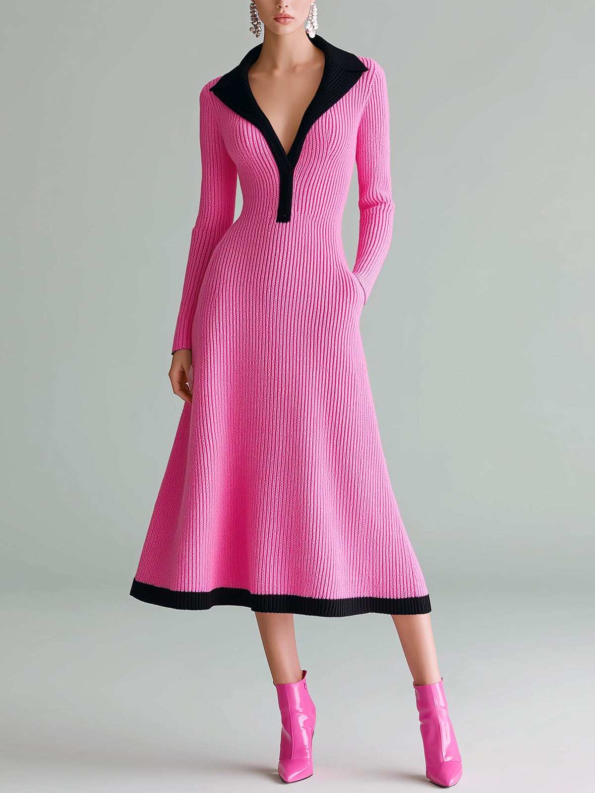 ElevenOra Chic Elegant Colorblock Lapel V-Neck Long Sleeve Tailored Waist A-Line Knit Midi Dress