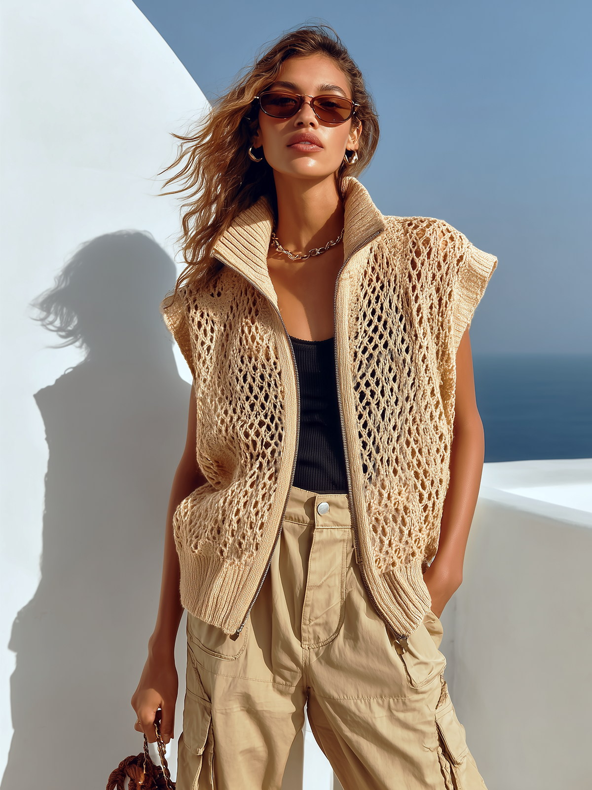 ElevenOra Chic Casual Beige Zipper-Up Stand Collar Sleeveless Loose Hollow-Out Knit Vest Top