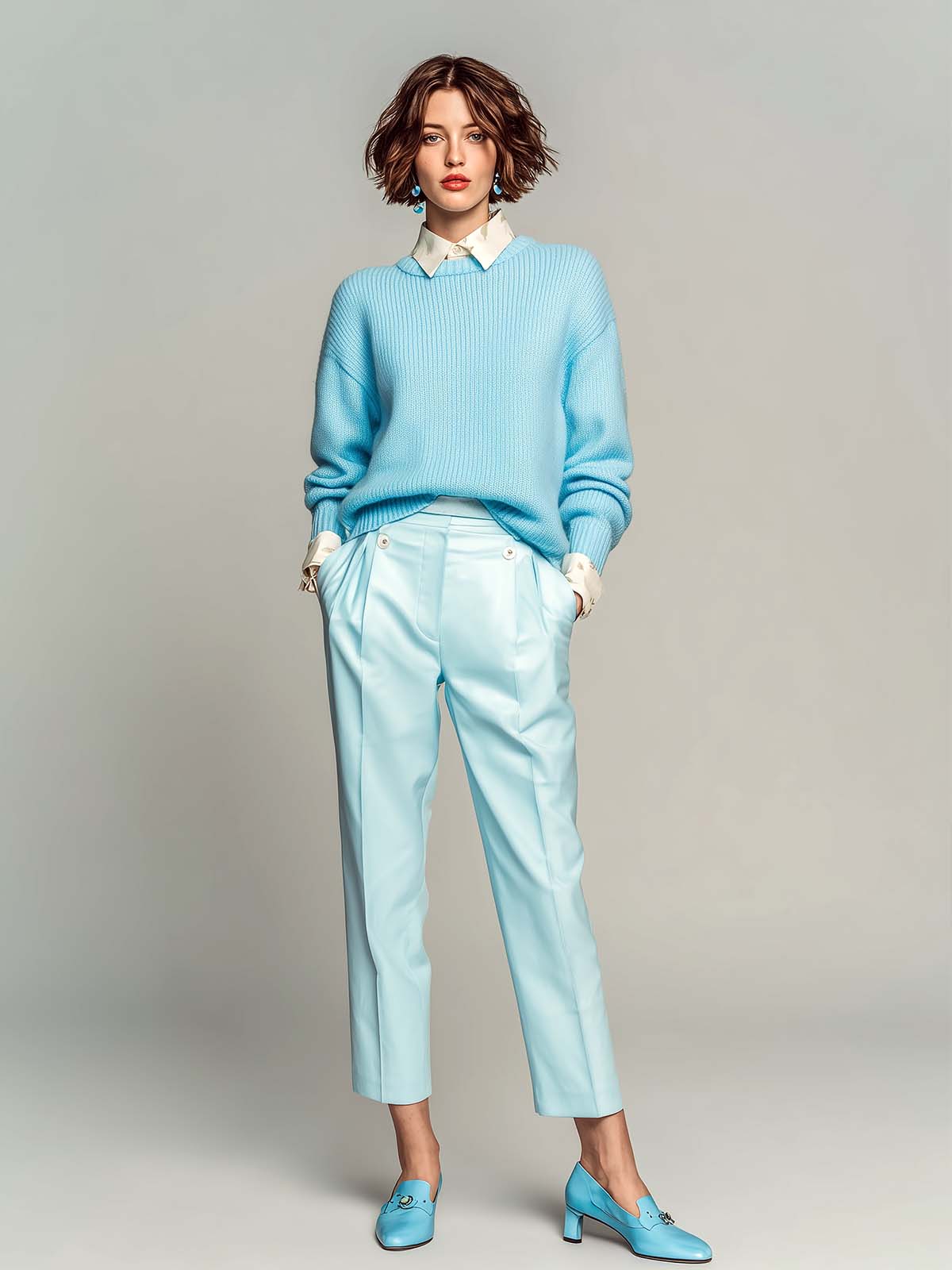 ElevenOra Chic Elegant Bright Blue Cashmere Knit Drop-shoulder Sweater