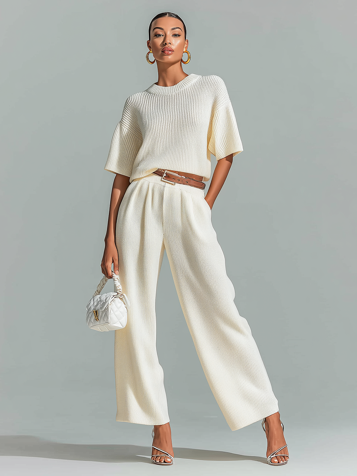 ElevenOra Stylish Elegant White Crew Neck Short-Sleeve Loose-Fit Sweater Waist Belted  Wide-Leg Pants Ribbed Knit Two-Piece Set