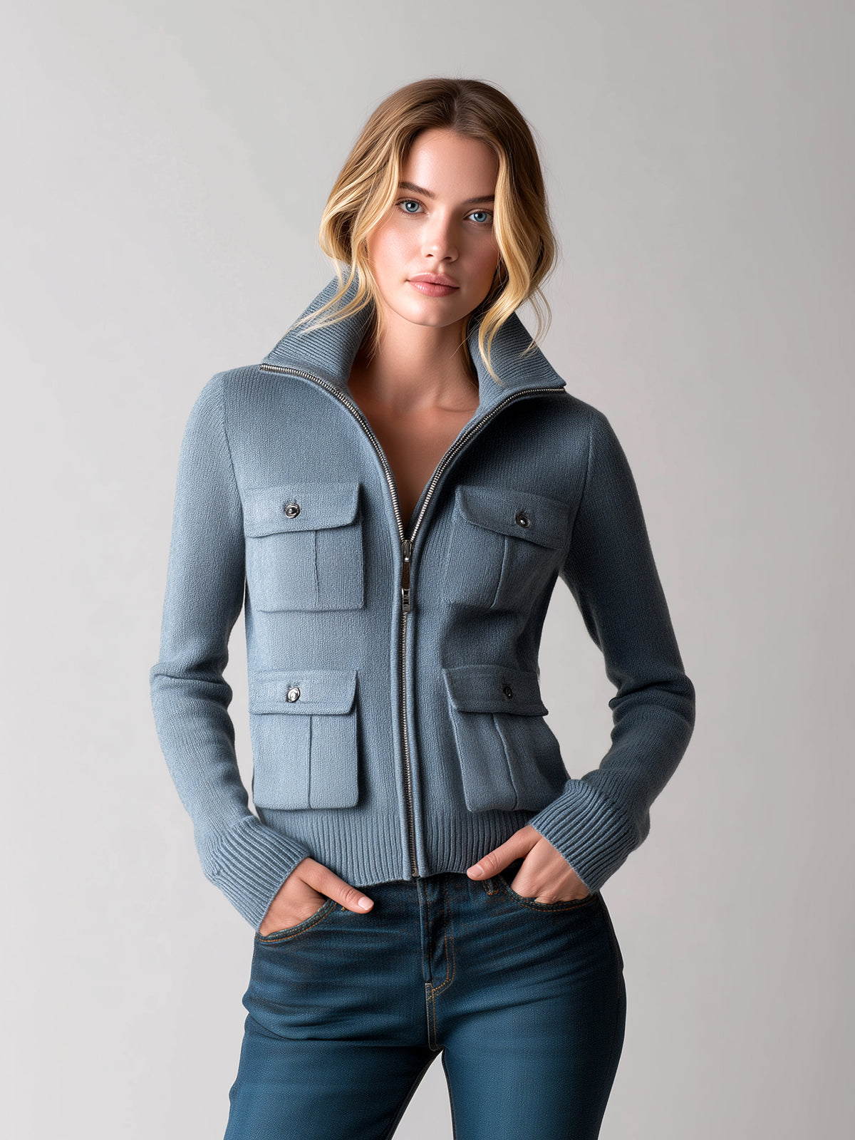 ElevenOra Chic Vintage Gray Blue Lapel Multi-Pocket Zipper Short Sophisticated Knit Cardigan