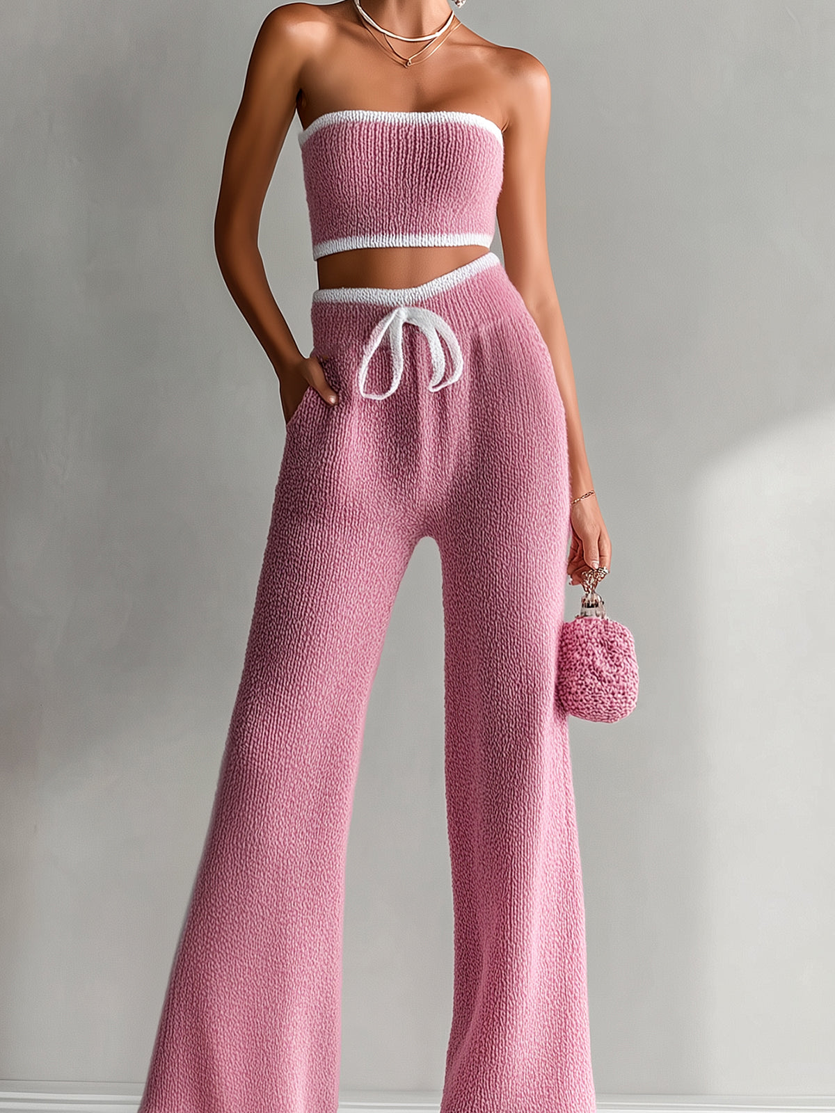 ElevenOra Chic Elegant Pink Contrast Trim Sleeveless Slim-Fit Bandeau High-Waisted Bow Details Wide-Leg Pants Knit Two-Piece Set