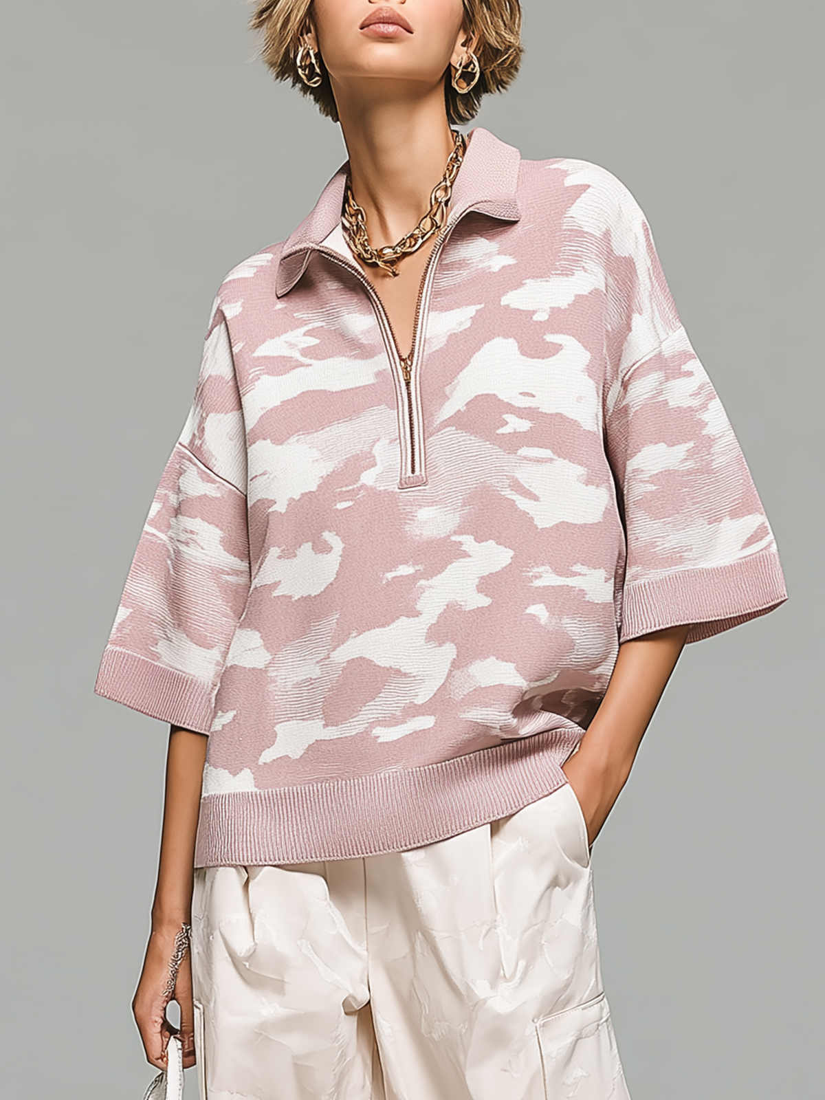 ElevenOra Fashion Casual Pink Camouflage Lapel Collar Zipper-Front Short-Sleeved Loose Knit Sweater