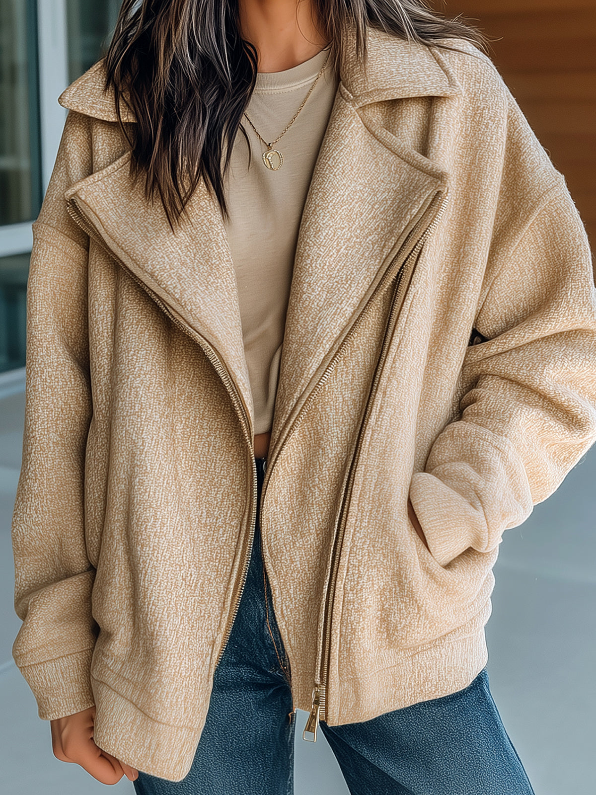 ElevenOra Casual Chic Cotton Blend Oversized Asymmetrical Zip Collared Jacket