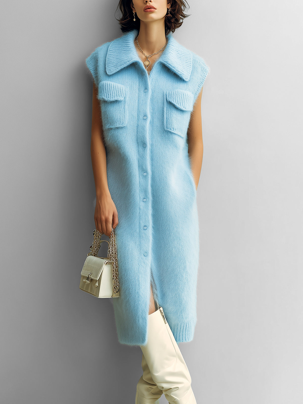 ElevenOra Chic Vintage Blue Lapel Single-Breasted Sleeveless Oversize Multi-Pocket Details Fuzzy Knit Midi Dress