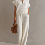 ElevenOra Chic Elegant Cream White Zipper-Up Stand Collar Oversize Short-Sleeve Sweater  Wide-Leg Pants Ribbed Knit Two-Piece Set