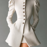 ElevenOra Vintage White Textured Tweed Stand Collar Single-Breasted Puff Sleeve Tailored Flared Mini Coat