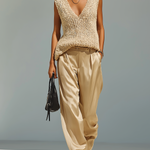 ElevenOra Chic Elegant Khaki V-neck Sleeveless Loose Knit Vest Satin Trousers Two-Piece Set
