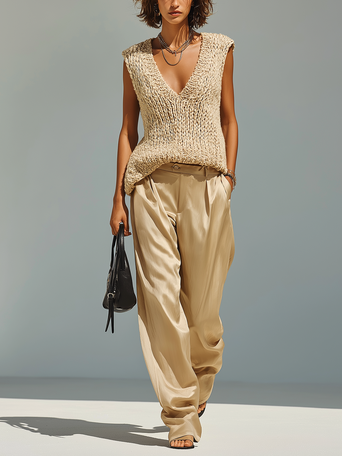 ElevenOra Chic Elegant Khaki V-neck Sleeveless Loose Knit Vest Satin Trousers Two-Piece Set