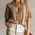ElevenOra Chic Casual Camel Pinstripe Lapel V-Neck Button Front Short Sleeve Loose Fit Knit Polo Sweater