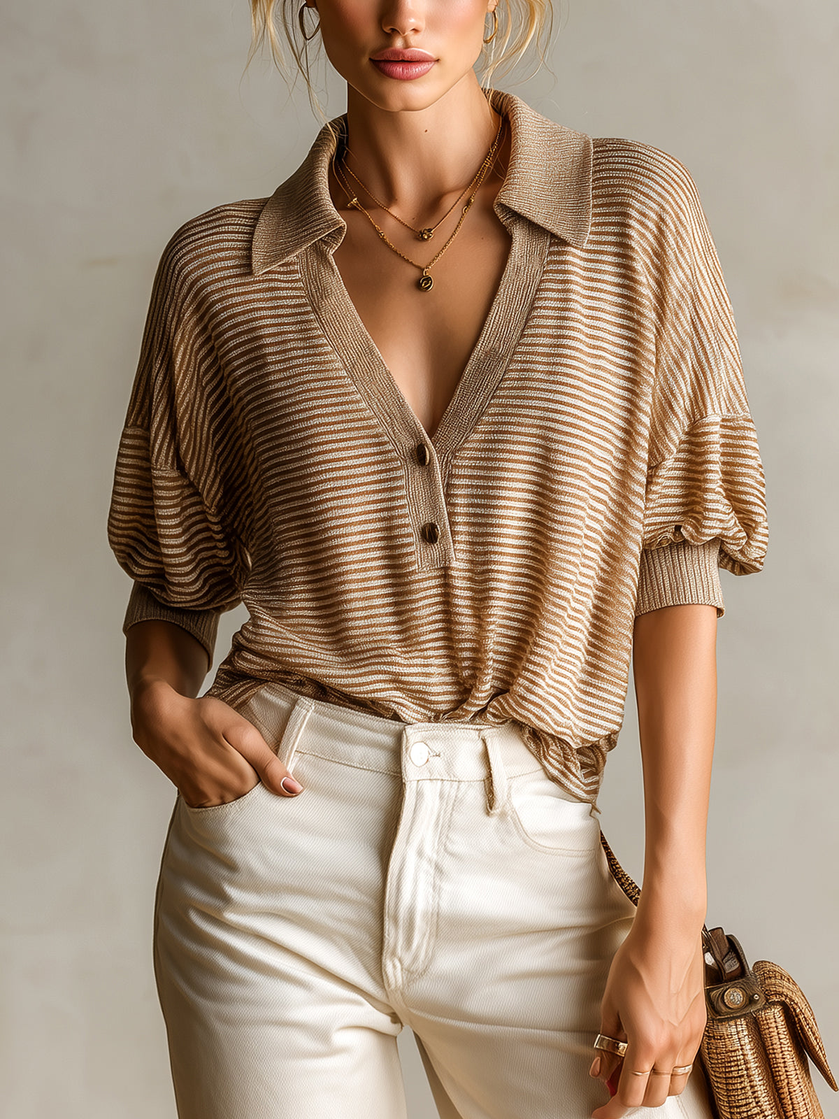 ElevenOra Chic Casual Camel Pinstripe Lapel V-Neck Button Front Short Sleeve Loose Fit Knit Polo Sweater