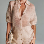 ElevenOra Chic Elegant Light Pink Lapel Collar Short-Sleeve Single-Breasted Loose-Fit Knit Cardigan Shirt