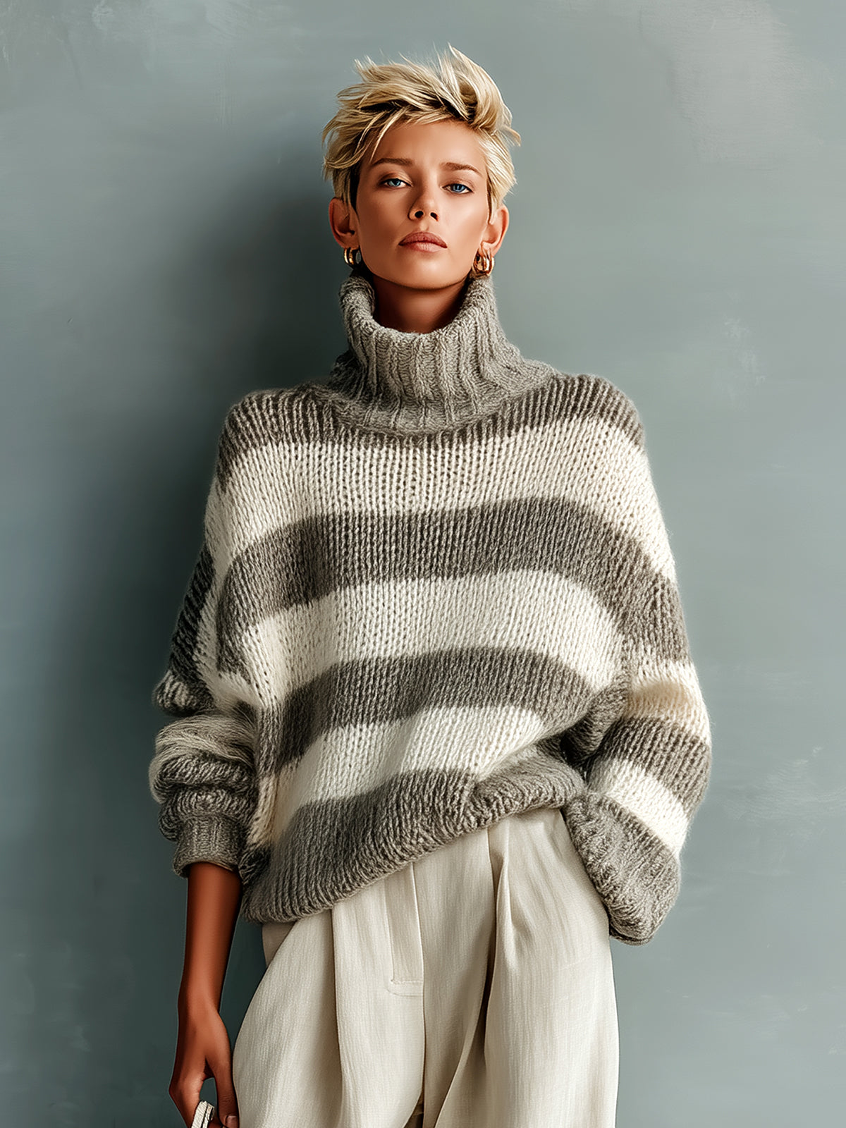 ElevenOra Chic Casual Contrast Stripes Turtle Neck Oversized Long-Sleeve Knit Sweater