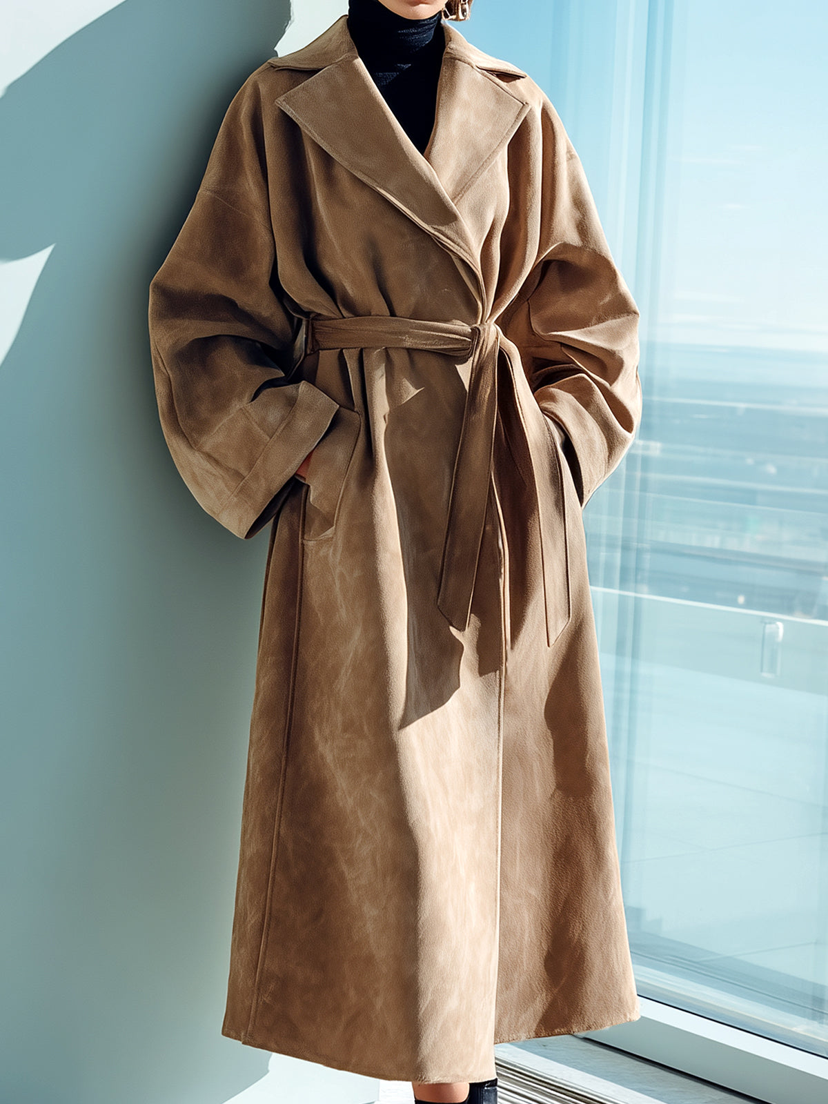 ElevenOra Chic Vintage Camel Faux Suede Lapel Belted Relaxed Silhouette Long Wrap Coat