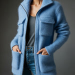 ElevenOra Chic Casual Blue Lapel Zipper-Front Multi-Pocket Long-Sleeve Loose Fuzzy Knit Mid-Length Cardigan