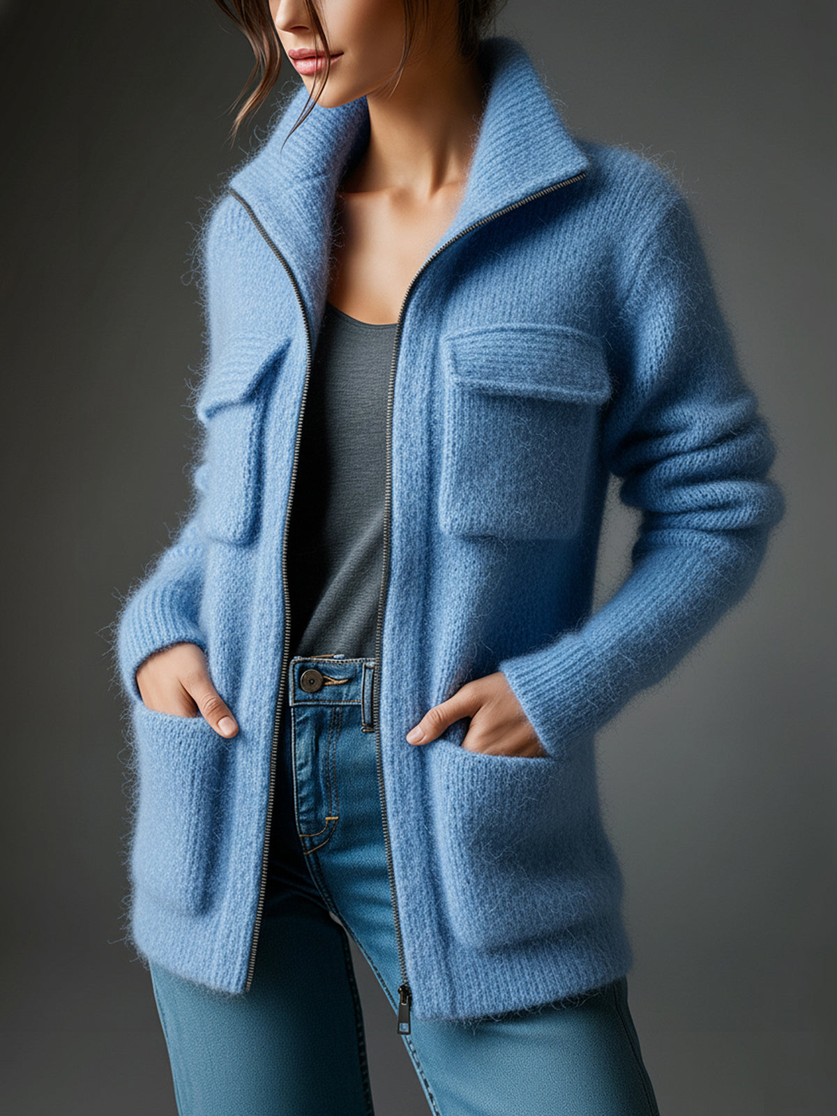 ElevenOra Chic Casual Blue Lapel Zipper-Front Multi-Pocket Long-Sleeve Loose Fuzzy Knit Mid-Length Cardigan