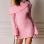 ElevenOra Chic Elegant Pink One Shoulder Long Sleeve Slim-Fit Ribbed Knit Mini Dress
