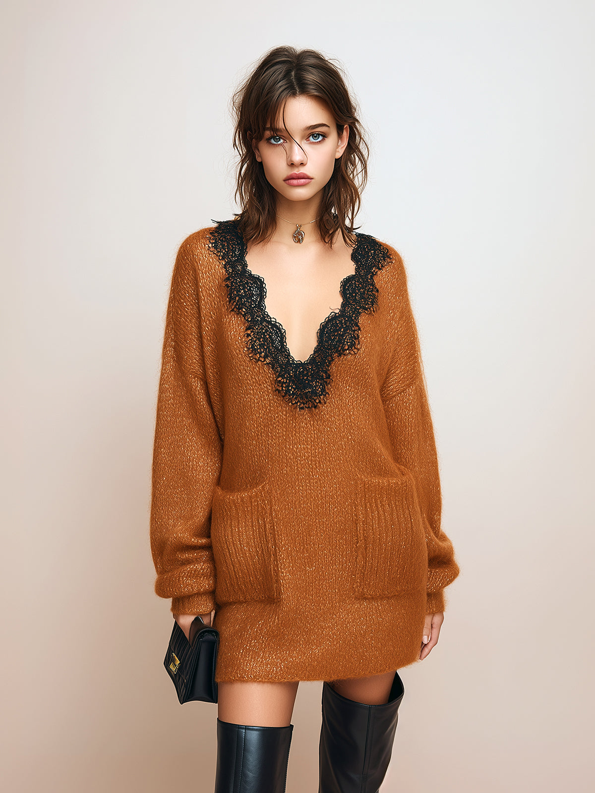 ElevenOra Chic Casual V-Neck Contrast Lace Trim Patch Pocket Long Sleeve Oversized Knit Mini Dress